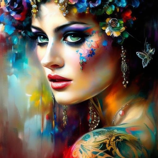 Tattooed Girl: Elegant Fantasy Oil Painting