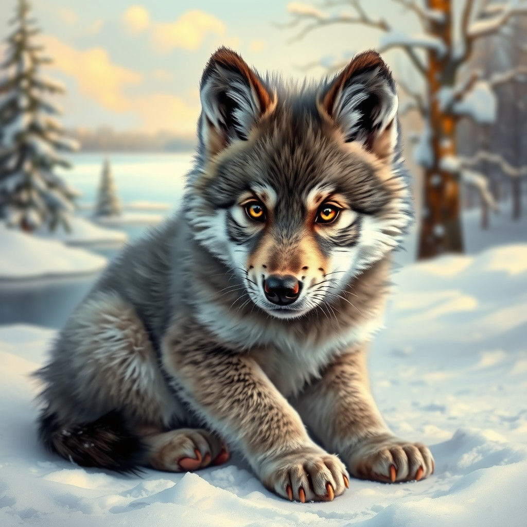 Wolf Pup in Winter Landscape, Impressionistic Style
