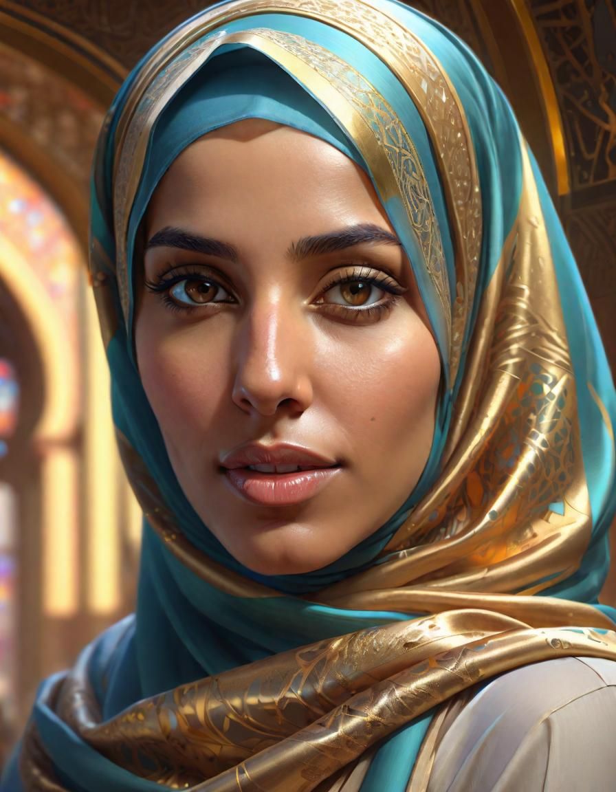 Arab Woman in Silk and Gold Hijab Portrait
