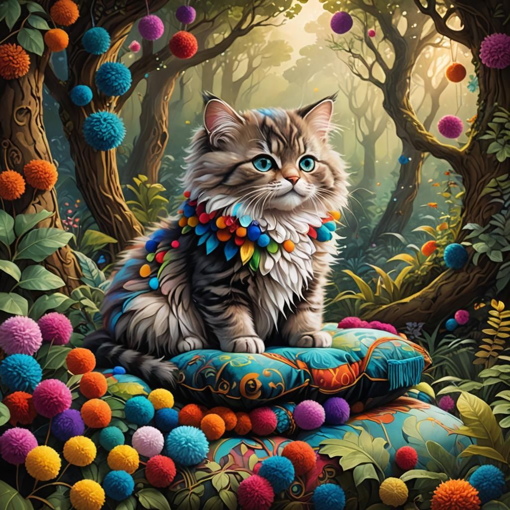 Kitty with Pom Poms in Mystical Forest
