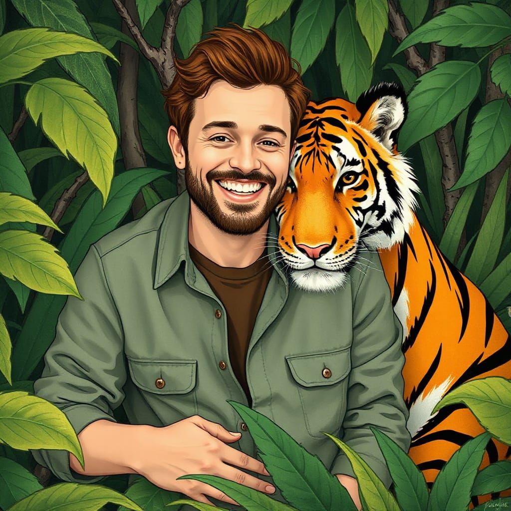 Man and Tiger Snuggle in Lush Forest