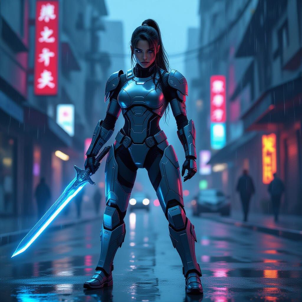 Cyberpunk Warrior with Energy Sword on Rainy Street