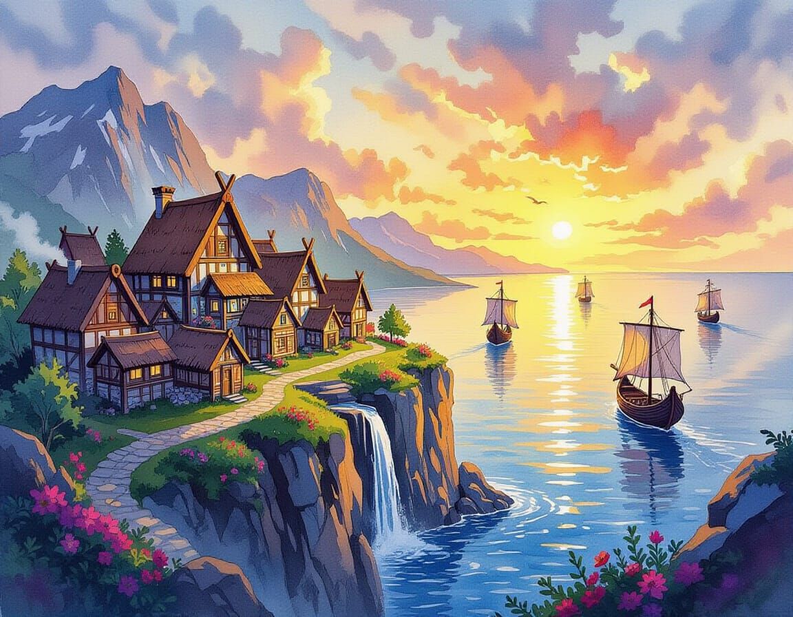 Cascading Viking Village at Sunset: Watercolor Art