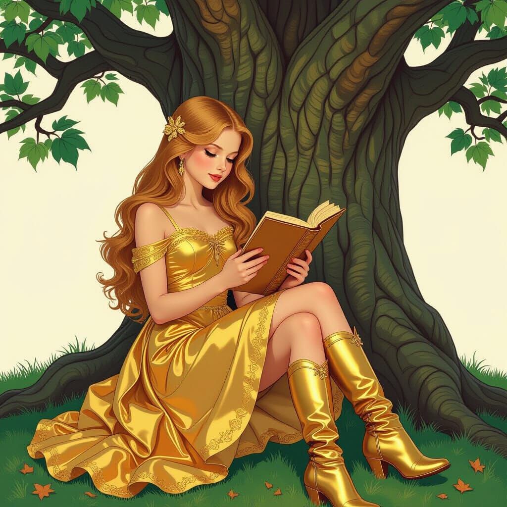 Golden Girl Reading Under Tree, Art Nouveau & Sci-Fi Style
