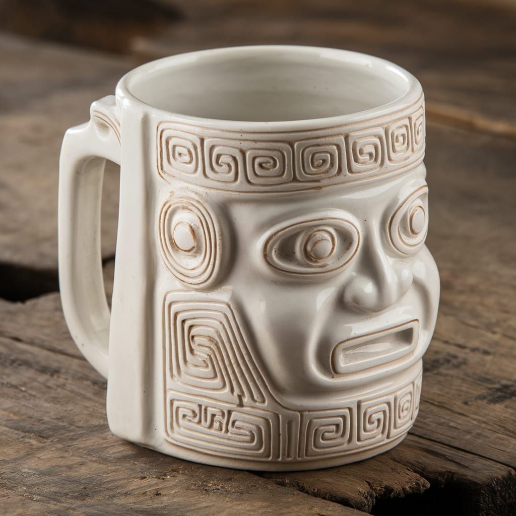 intricately carved white porcelain mug with a slim handle an...