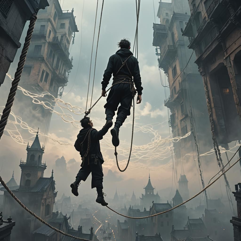 High-Wire Walker in a Misty Urban Void