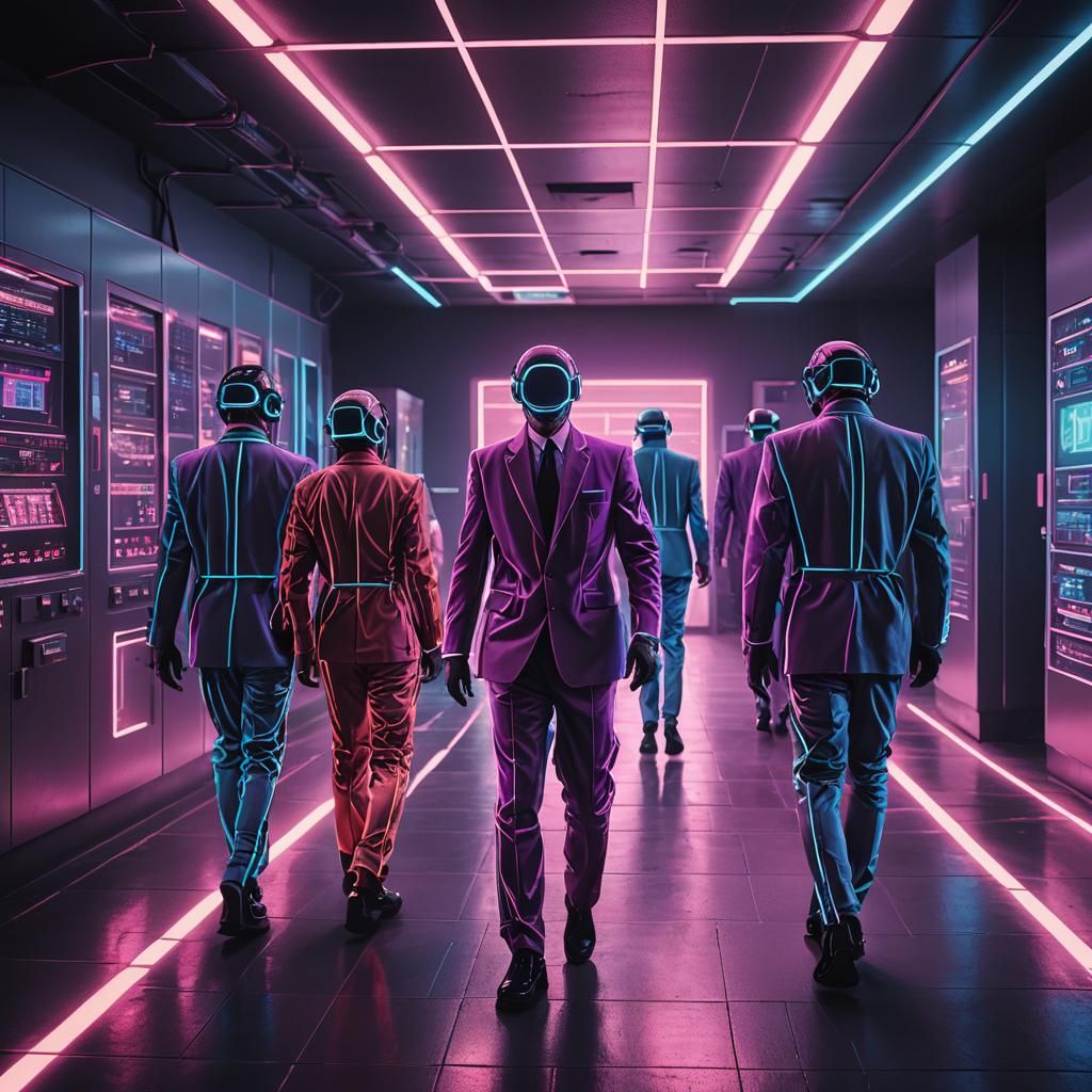 Synthwave Funeral Home Staff in Neon Server Room