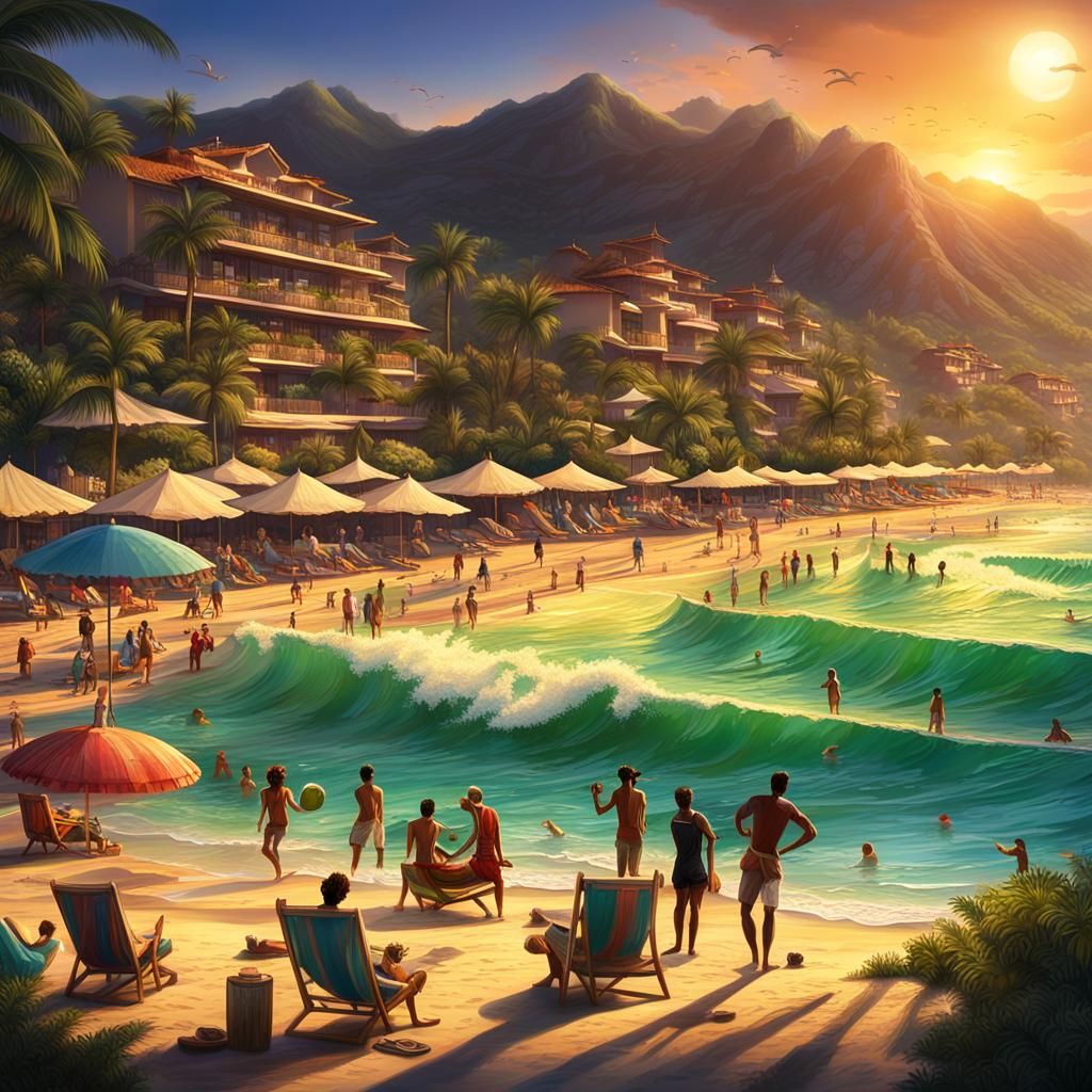Beach Resort at Sunrise: Fantasy Concept Art