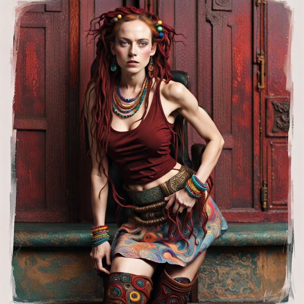 Intricate Portrait of Woman with Burgundy Hair