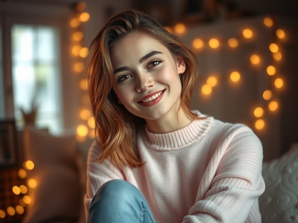 Young Woman in Soft Pastel Hues, Cozy Setting