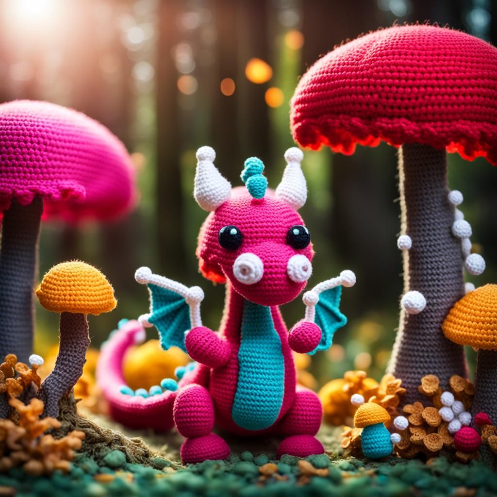 Colorful Crochet Dragon in Fantasy Landscape