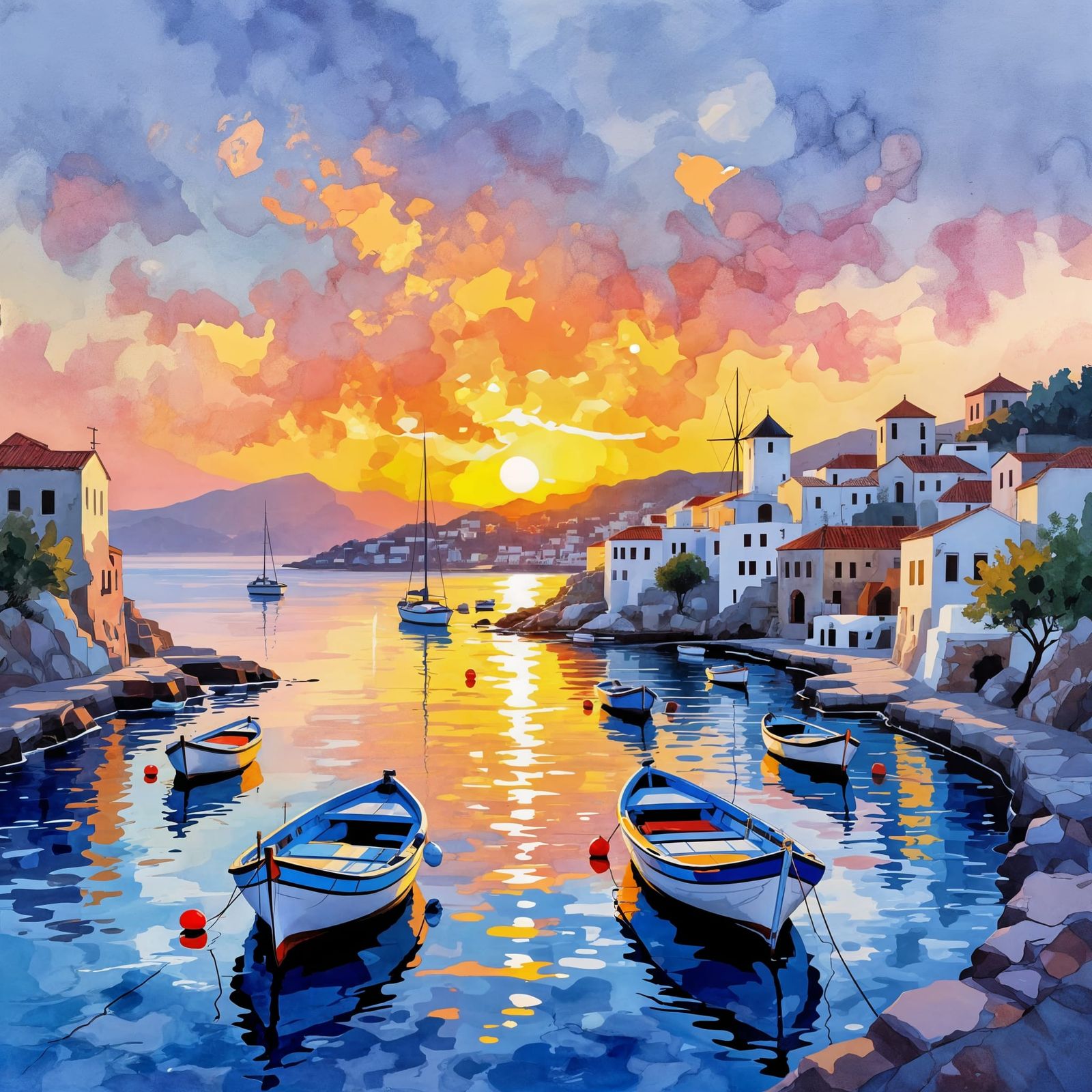 Alcohol Ink Greek Harbor Sunset Painting