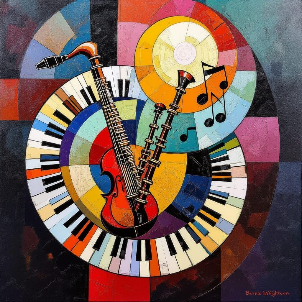 Abstract Bagpipes with Musical Notes in Geometric Style