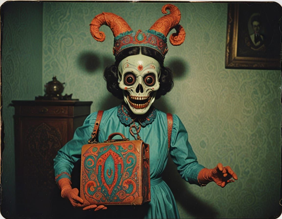Horrifying Being Carries Magical Bag in Surreal Vintage Phot...