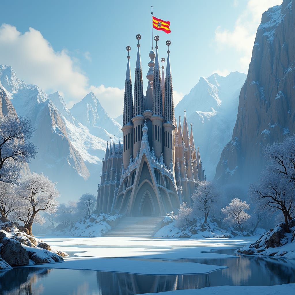 Sagrada Familia in Frozen Lake: Fantasy Concept Art