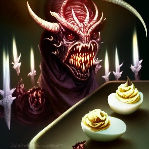 Horned Demon's Deviled Egg Feast in Horror Style