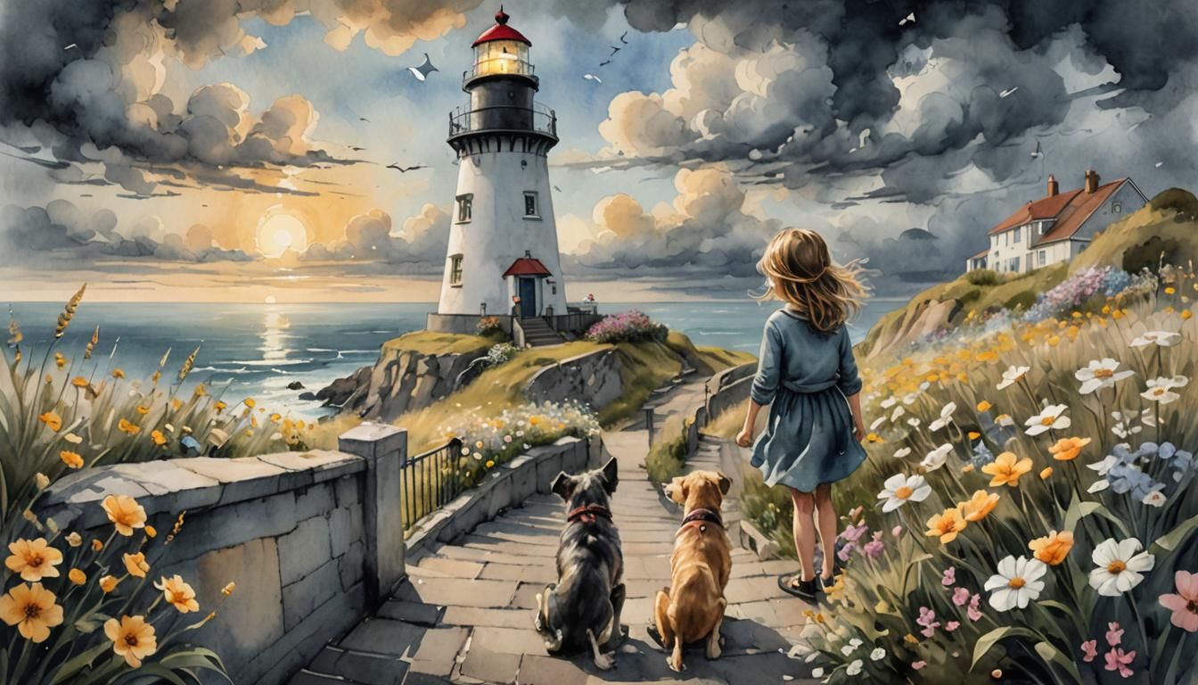 Girl and Dog at Lighthouse: Fantasy Watercolour Sketch