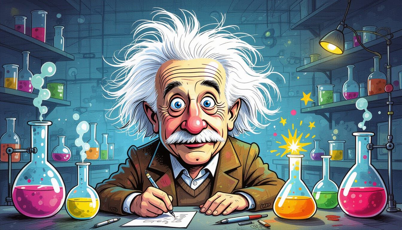 Wild Haired Scientist Caricature in Energetic Watercolor Sty...