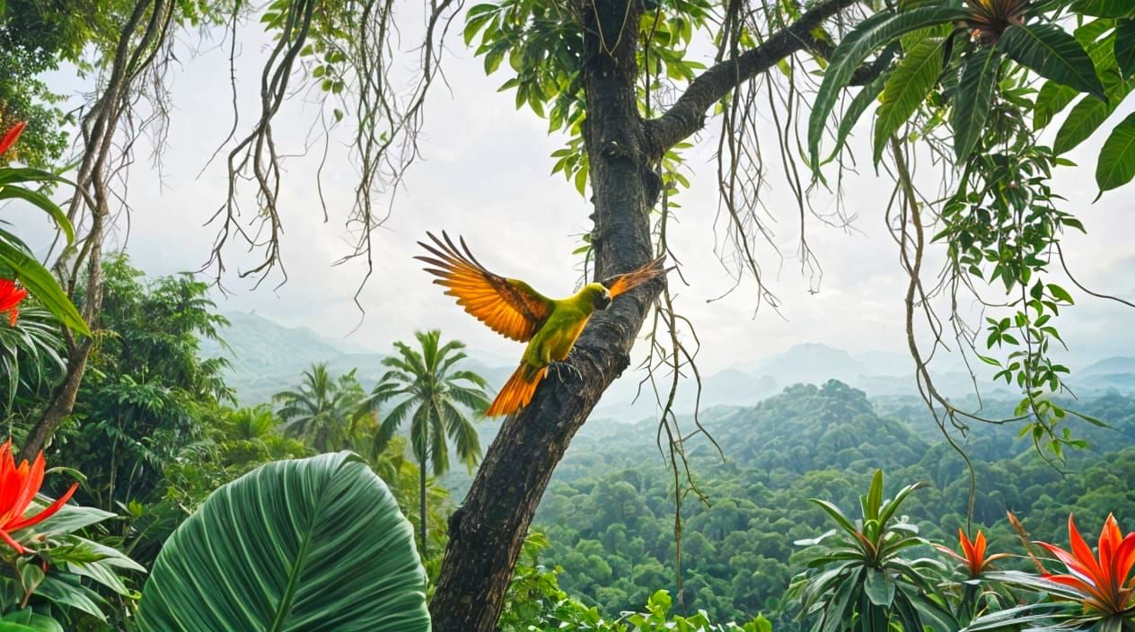 Surinamese Landscape with Parakeet in Hyperrealistic Style