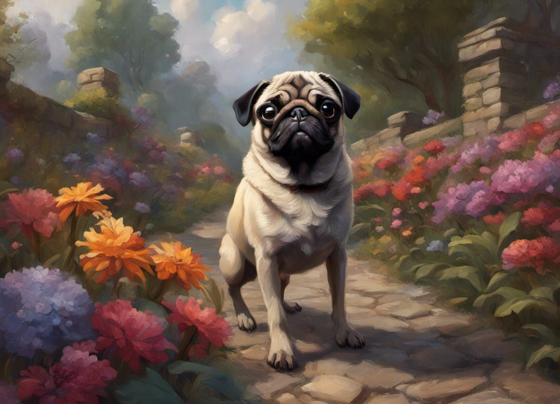 Pug on Floral Path: Detailed Matte Oil Painting