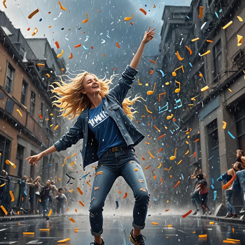 Blond Woman Dancing in Music Notes Rain Art