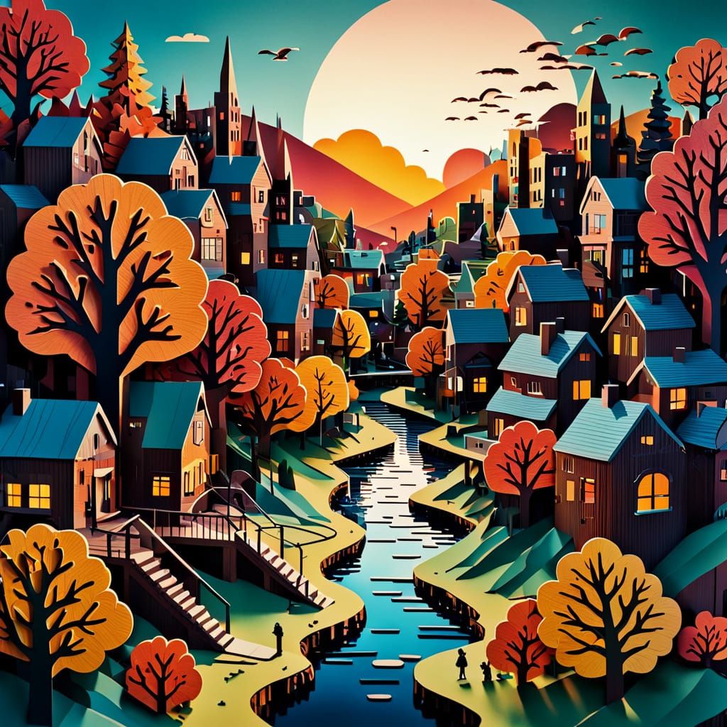 Colorful Autumn Cityscape Sunset Collage