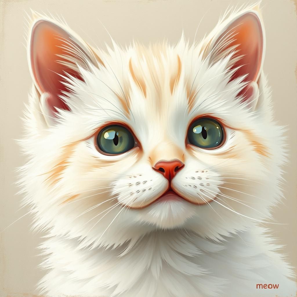 Fluffy White Cat Portrait in Gouache Style