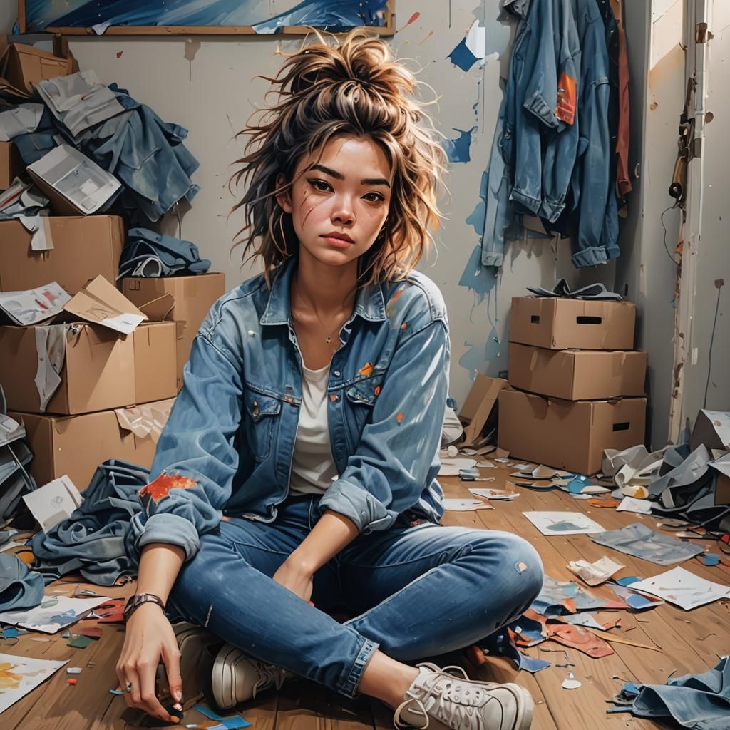 Girl Moving In: Hyperrealistic Splash Art Portrait