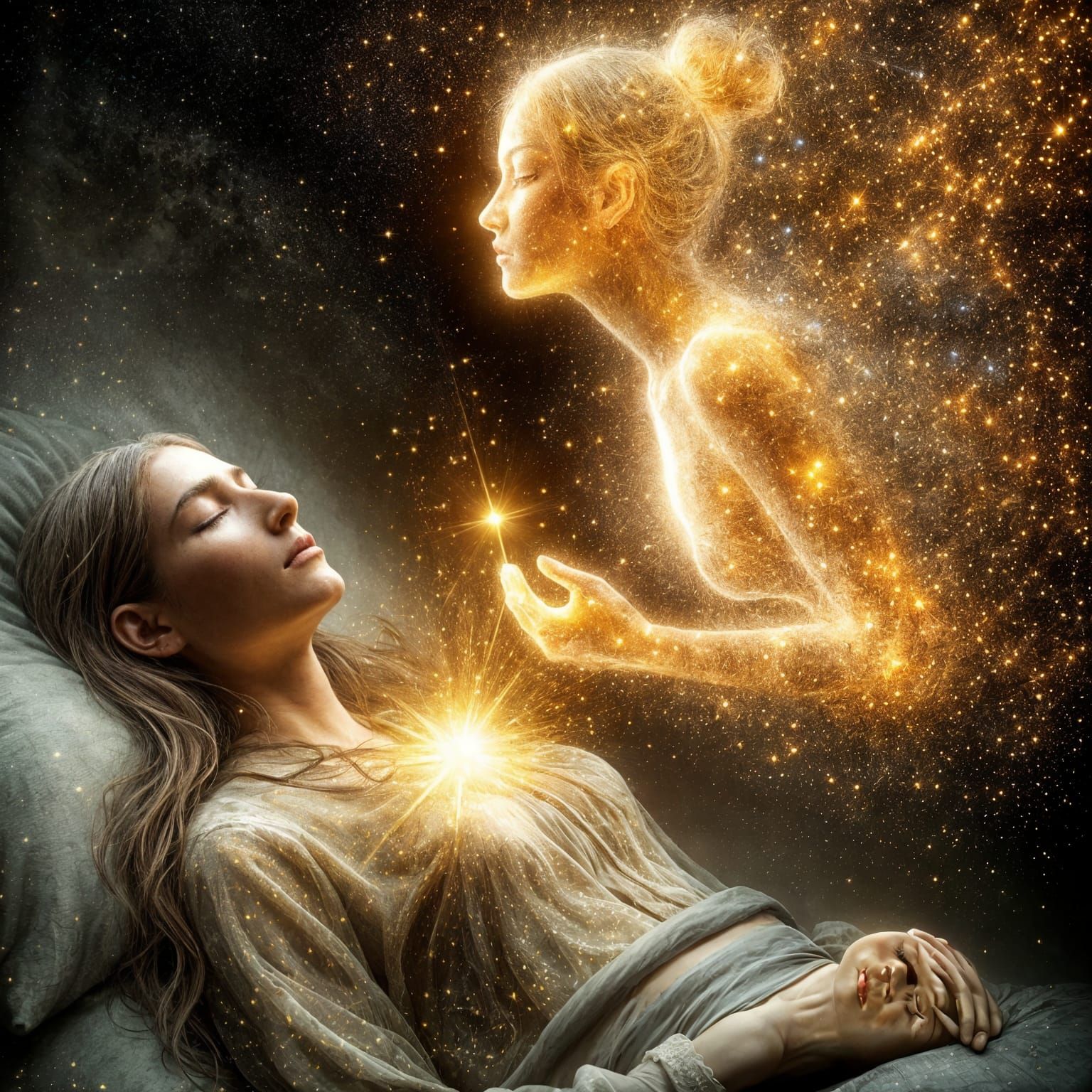 Ethereal Golden Form Reaching Out From Sleeping Woman