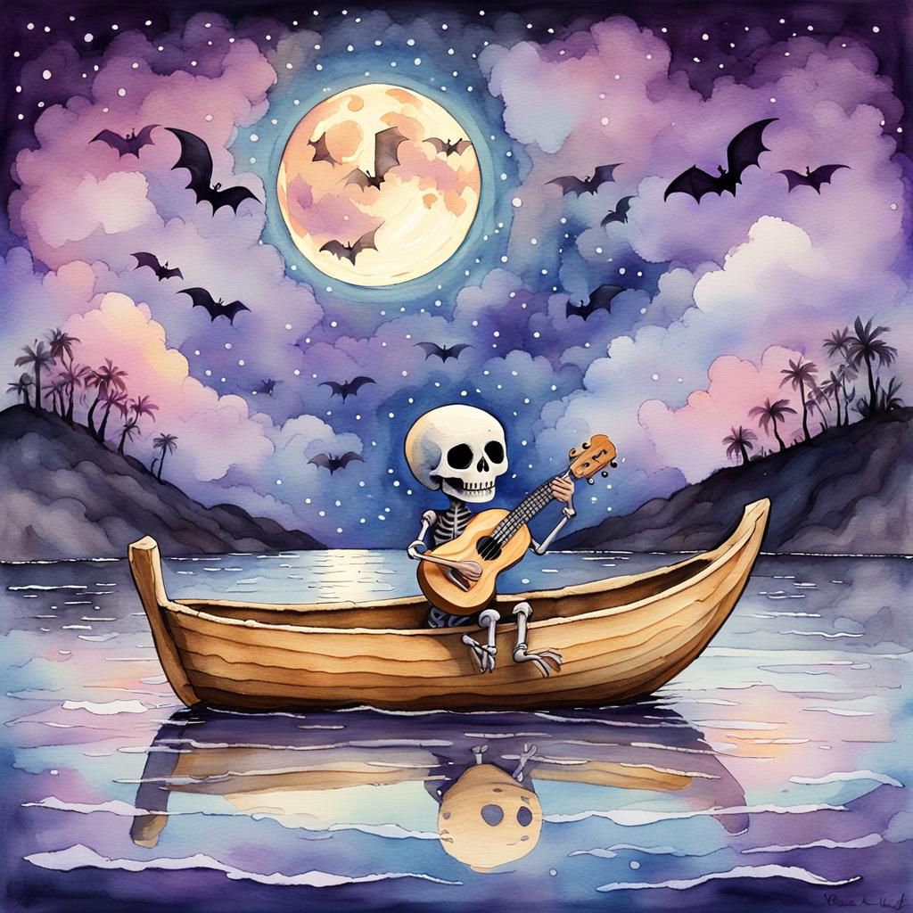 Chibi Skeleton's Moonlit Serenade in Watercolor