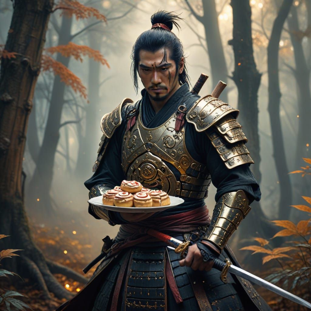 Samurai Holding Cinnamon Rolls in Mystical Forest
