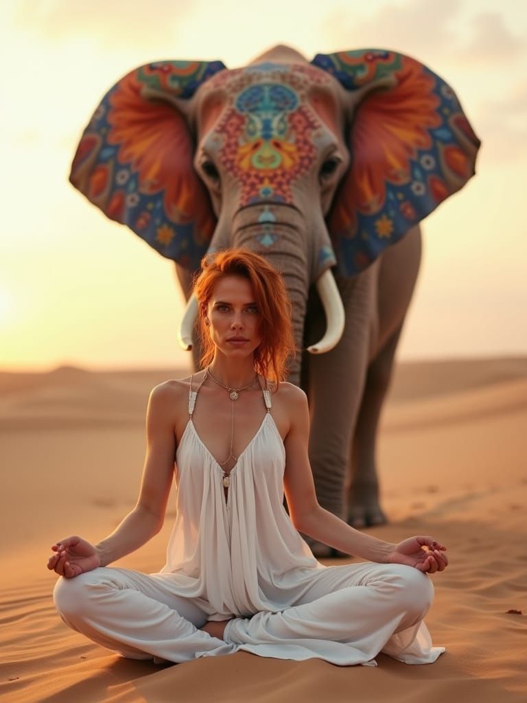 Surreal Desert Goddess in Yoga Pose with Majestic Elephant