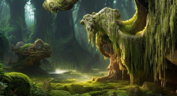 Jungle Stone Head with Waterfall, Photorealistic 8K