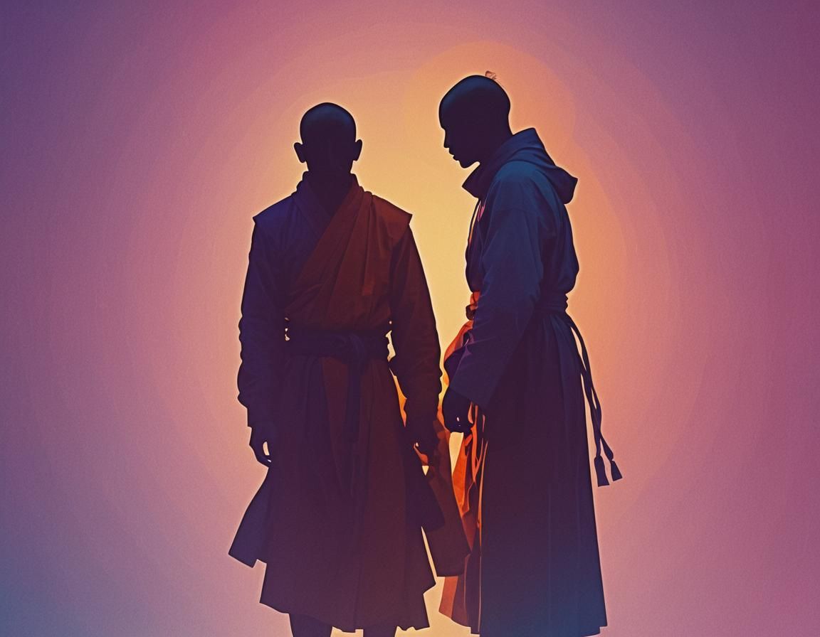 Psychedelic Monk Silhouette with Aura Sunset Effect