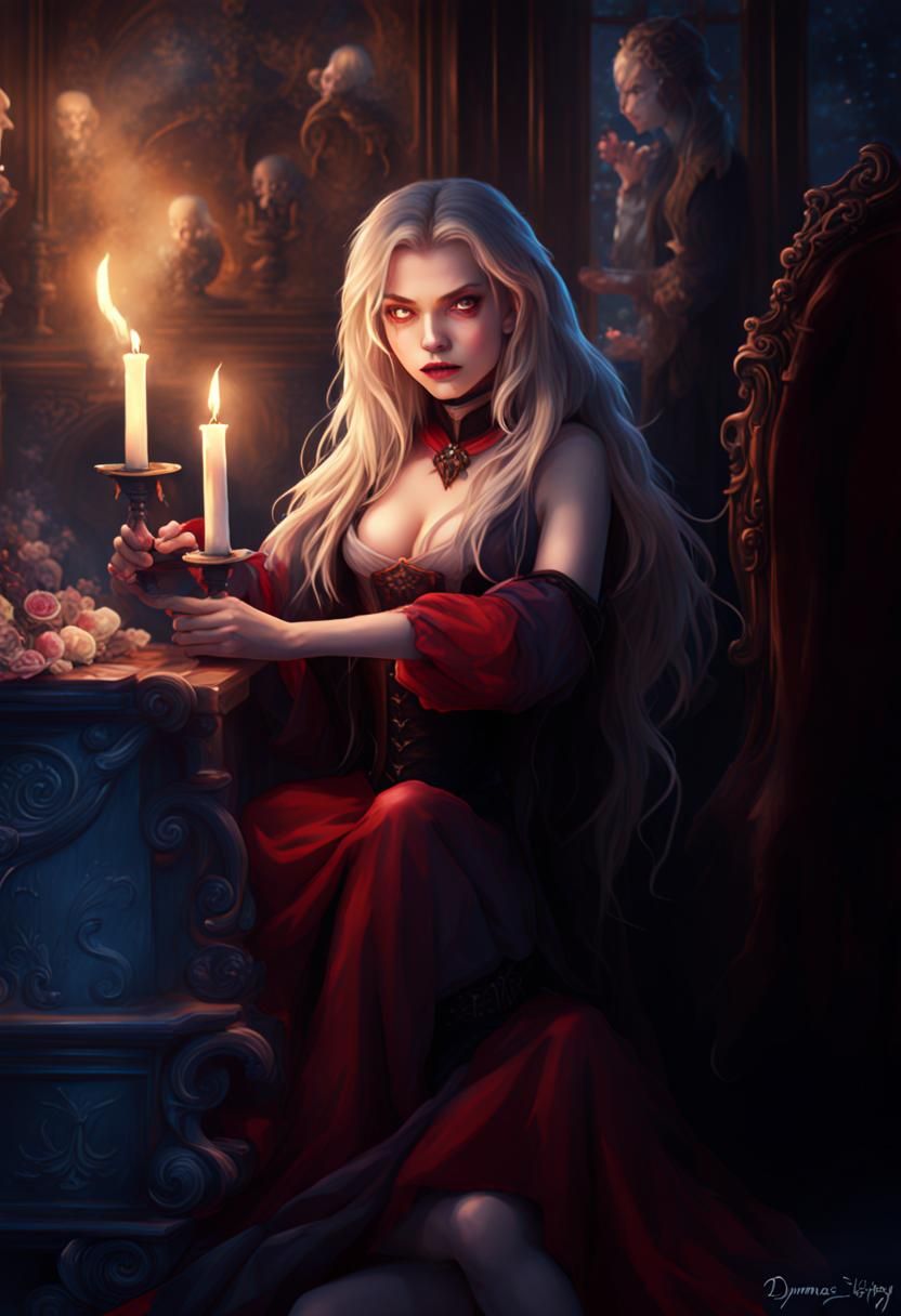 Cute Vampire with Candle in Anime Style