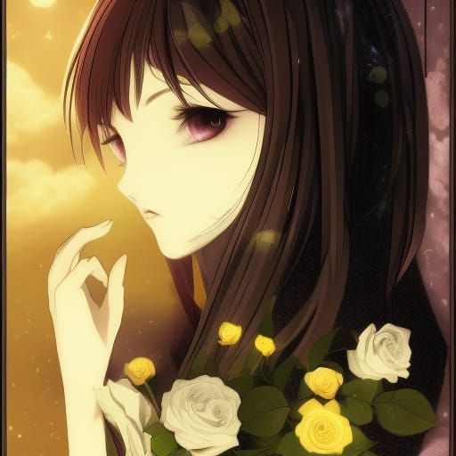 Eerie Gothic Woman with Roses in Anime Style