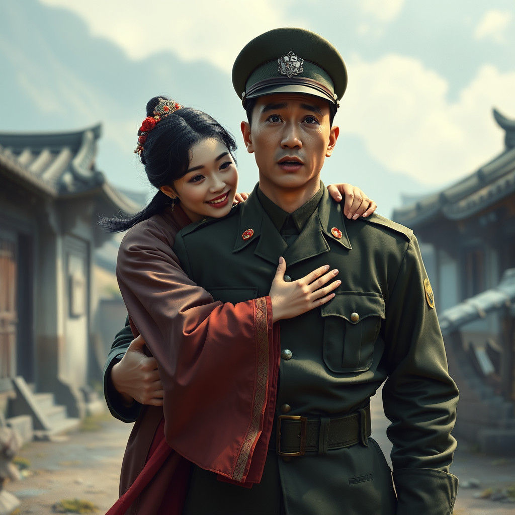 Korean War Era Reunion in Matte Painting Style