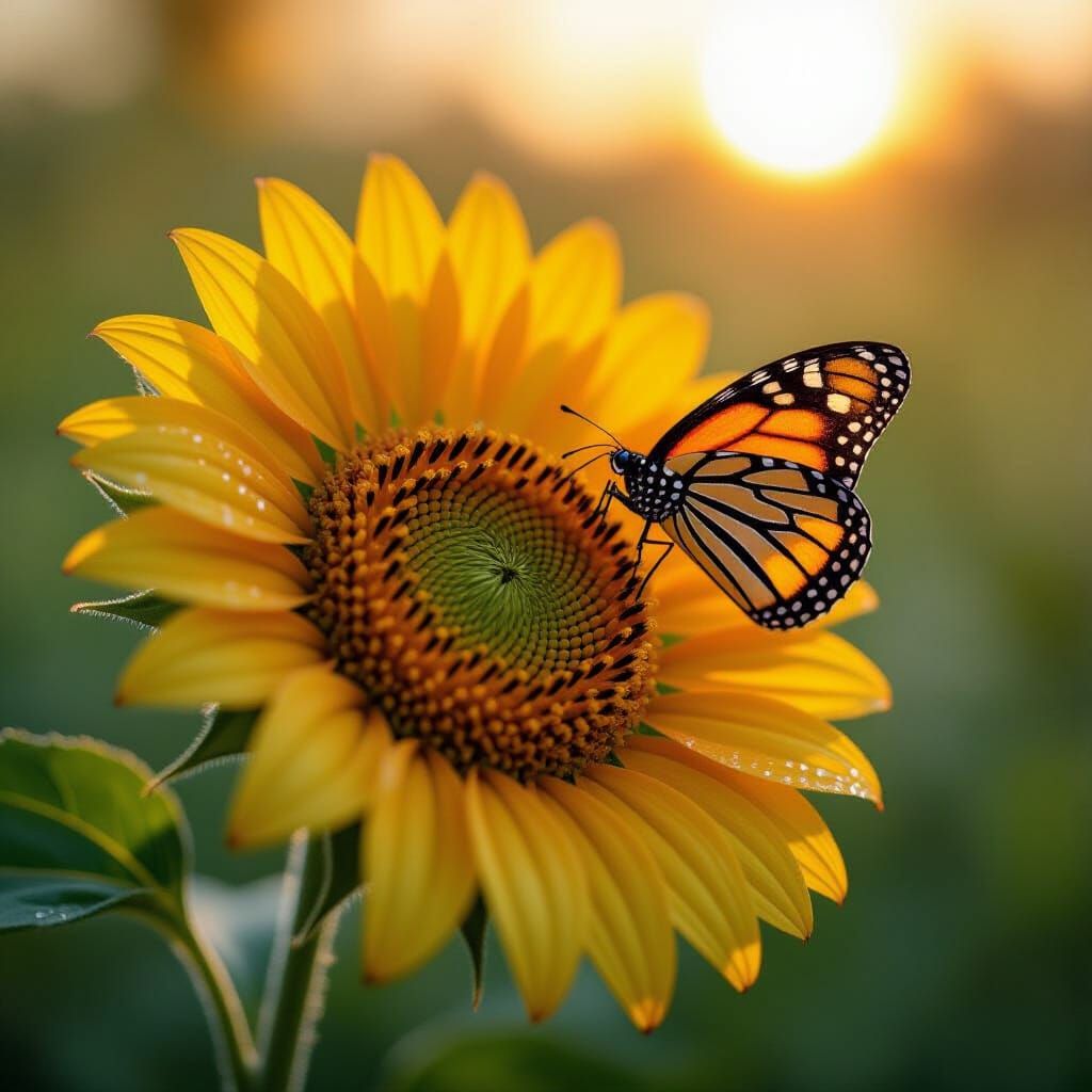 Macro Sunflower with Monarch Butterfly in Golden Hour