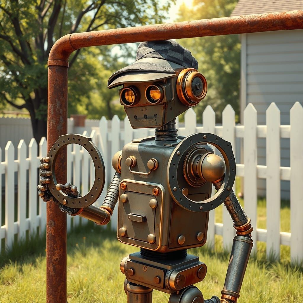 Vintage Robot Plays Horseshoes in a Sun-Dappled Backyard