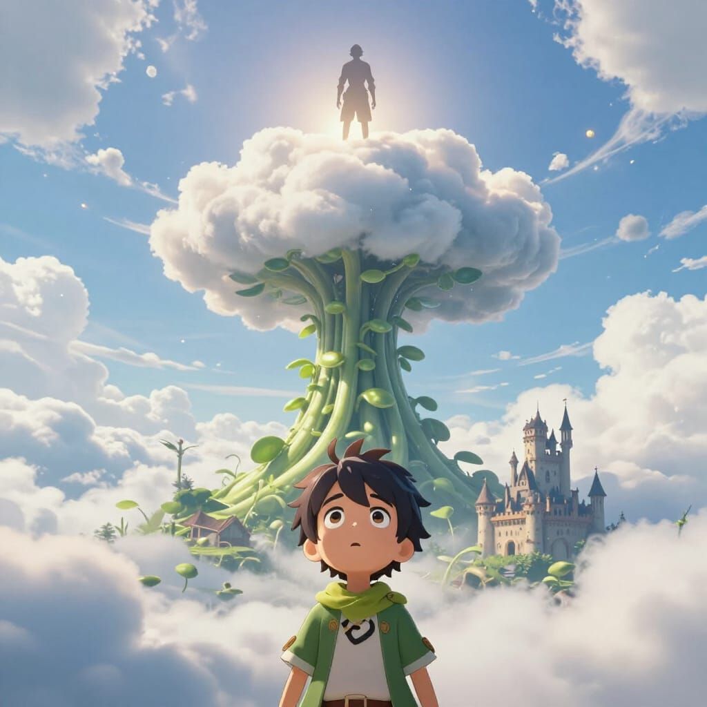 Giant Beanstalk with Jack and Castle in 3D Anime Style