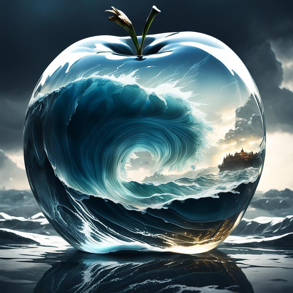 Stormy Sea Inside Glass Apple: Double Exposure