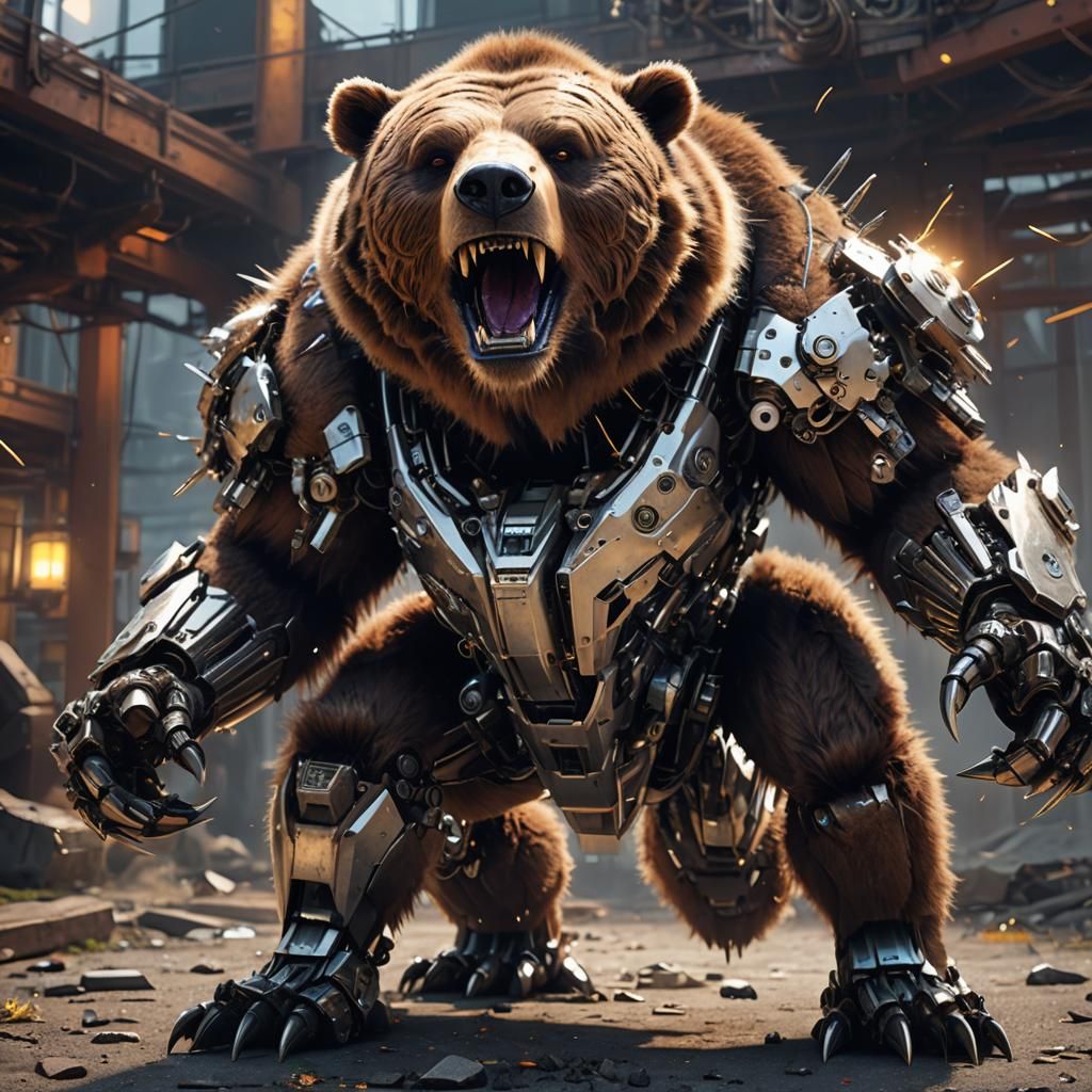 Steampunk Cyborg Bear Portrait in 4K