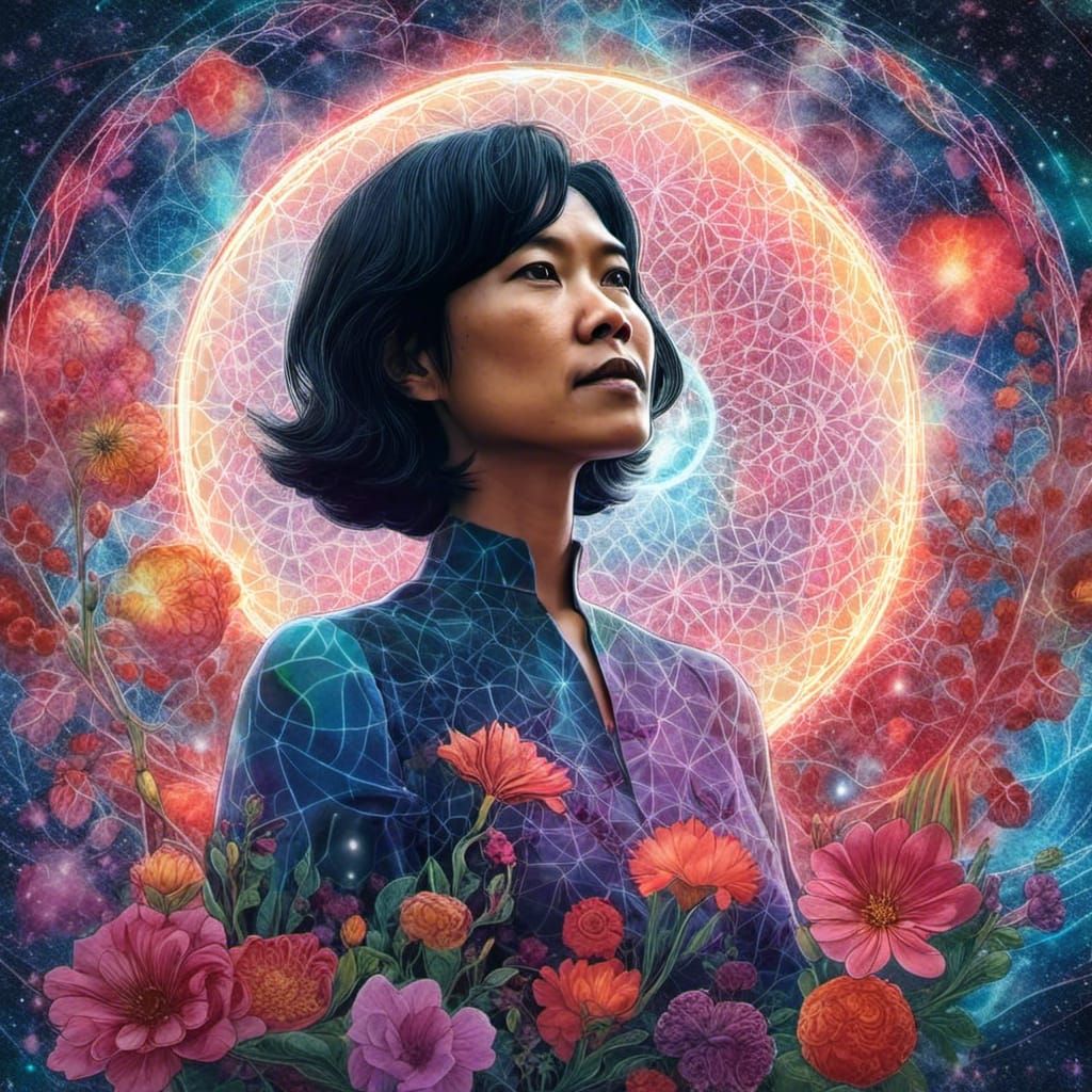 Woman Surrounded by Cosmic Geometry and Flowers