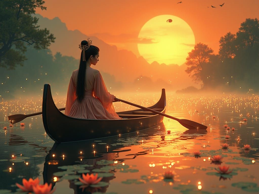 Ethereal Spirit Canoeing at Sunset: Ink Wash Painting