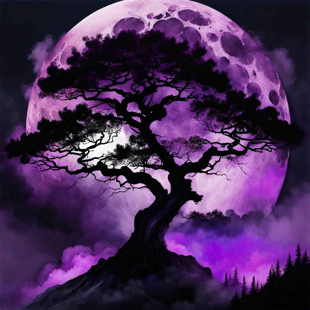 Smokey Tree Under Moonlight: Watercolor Illustration