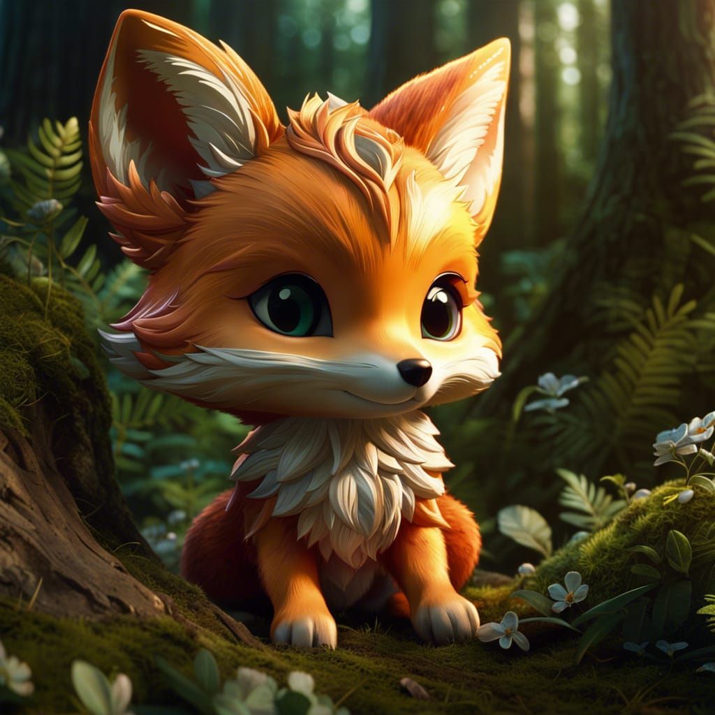 Chibi Fox in Overdetailed Forest Scene