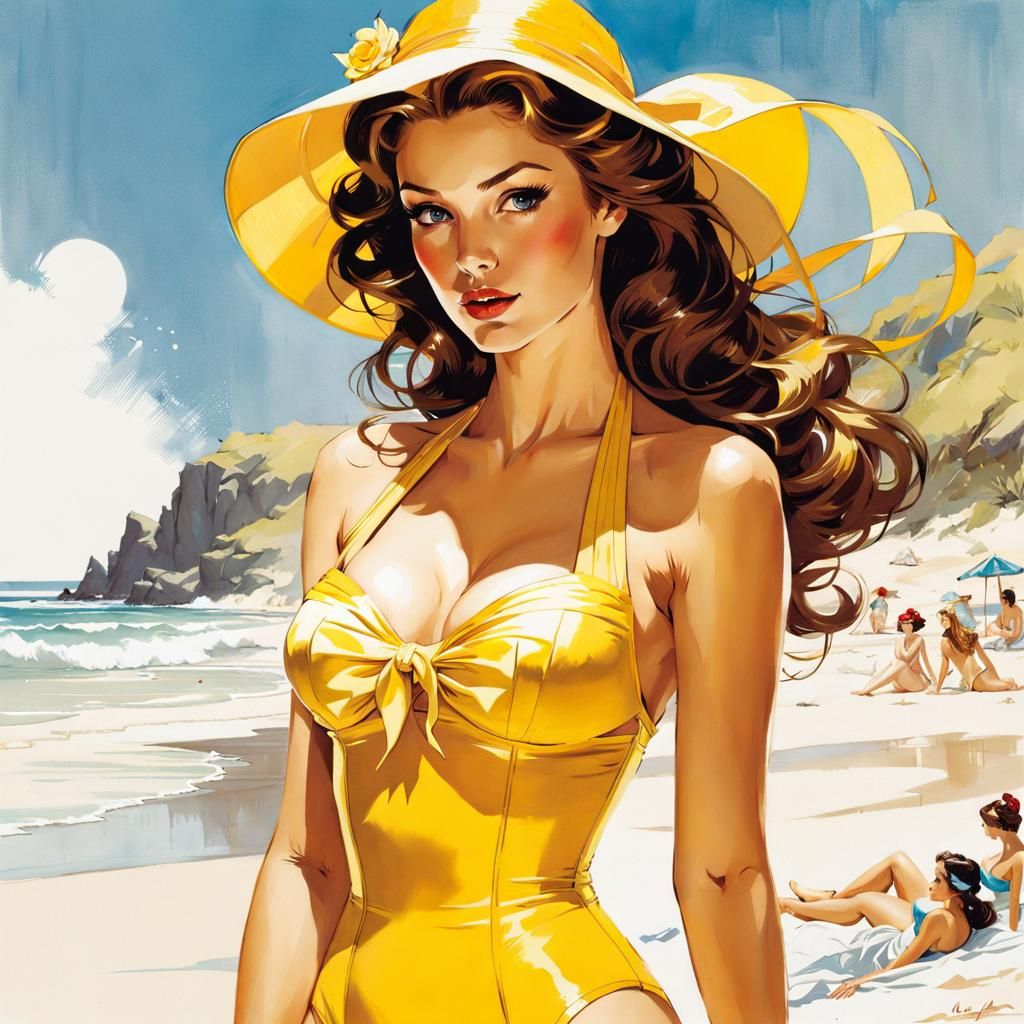Belle in Yellow Swimsuit, Pin-Up Beach Art
