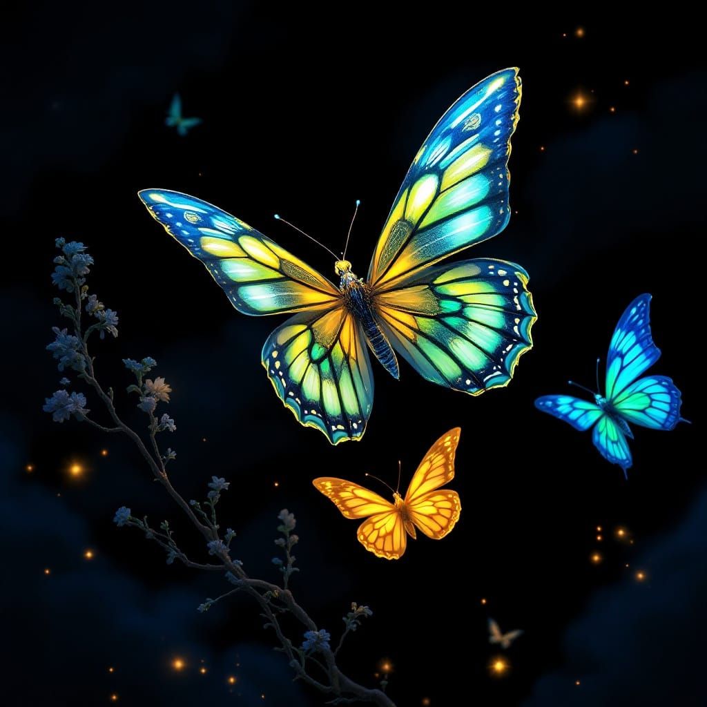 Ethereal Bioluminescent Butterflies Dance in the Night Sky