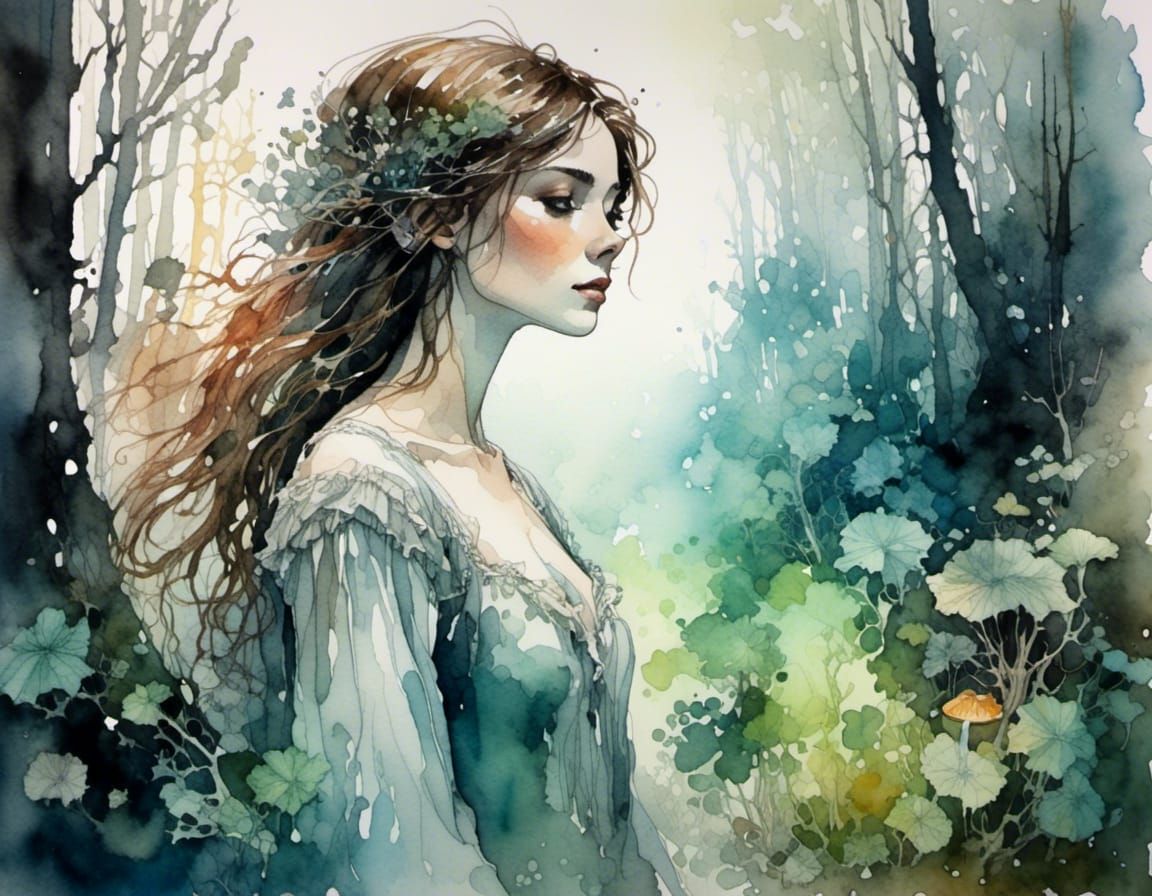 Bioluminescent Forest: Watercolor Ink Painting of a Woman