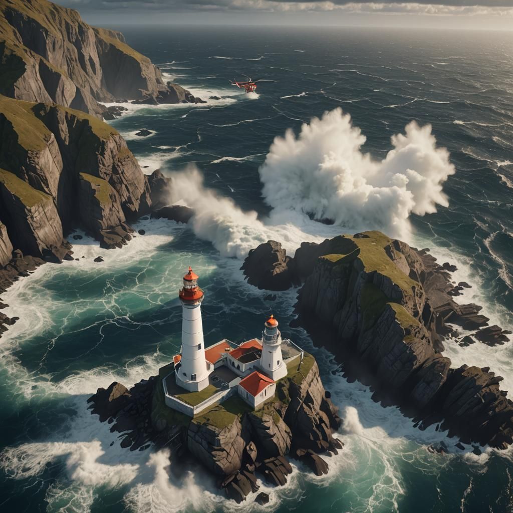Coastal Lighthouse and Helicopter in 3D Rendering